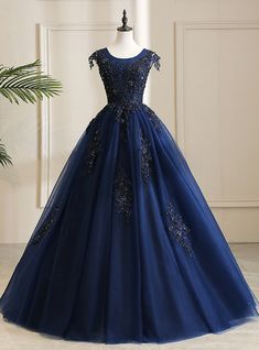 Silhouette:ball gown Hemline:floor length Neckline:scoop Fabric:tulle Shown Color:navy blue Sleeve Style:cap sleeve Back Style:lace up Embellishment:appliques beading  Built-in Bra: yes Midnight Blue Princess Dress, Dark Blue Ball Dress, Blue And Gold Ball Gown, Dark Blue Ball Gowns, Dark Blue Princess Dress, Midnight Blue Ball Gown, Dark Blue Ball Gown, Navy Ball Gown, Navy Blue Wedding Dress