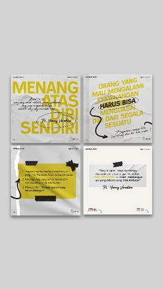 four different posters with yellow and black lettering on the front, one has an image of a