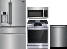 stainless steel appliances including refrigerator, stove, microwave and dishwasher are shown in this image