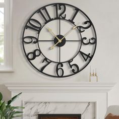 a clock that is on the wall above a fireplace