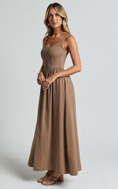 Rhaziya Midi Dress - Sleeveless Straight Neck Fit and Flare Dress in Tobacco Homestead Dress Pattern, Brown And White Dress, Insurance Coverage, Tan Dresses, Tall Women, Brown Dress, Midi Dress Sleeveless, Dress Sleeveless, Modest Outfits