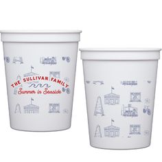 two white cups with the words, the sullivan family summer in seasideside on them