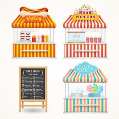 a set of different types of food stands