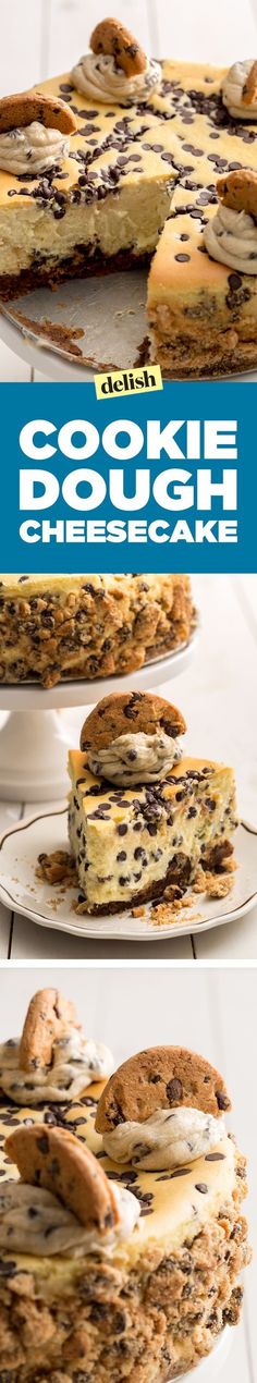 cookies and cream cheesecakes stacked on top of each other with the words, cookie dough