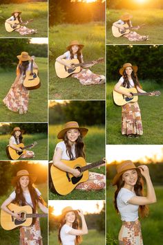 a woman in a cowboy hat is holding a guitar and posing for pictures with the sun behind her