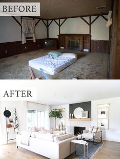 before and after photos of a living room remodel with white couches, wood paneling, and fireplace