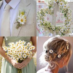 a collage of photos with daisies and flowers in the center, including a bride's dress