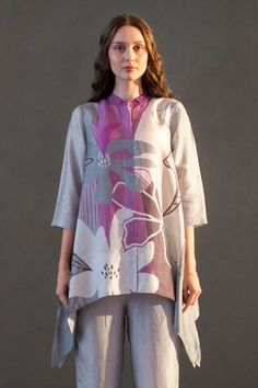 Plum blue short tail kaftan with abstract geometric and floral print. Paired with coordinating straight pant. - Aza Fashions Printed Motifs Tunic Set, Spring Printed Tunic Sets, Spring Tunic Sets With Printed Motifs, Short Kaftan, Pant Women, Pant For Women, Dupion Silk, Floral Geometric, Band Collar