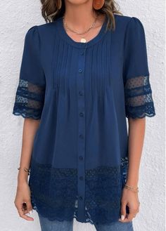 Patchwork Lace Blue Round Neck Blouse Spring Lace Top With 3/4 Sleeves, Elegant Blue Tops With 3/4 Sleeve, Spring Blue Blouse With 3/4 Sleeves, Feminine Ruffled Tops With 3/4 Sleeves, Casual Purple Blouse 3/4 Sleeve, Plaid Shirt Women, Patch Work Blouse, Waistcoat Dress, Lovely Tops