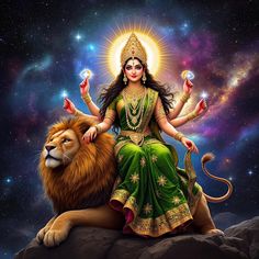 a woman sitting on top of a lion in front of a sky filled with stars