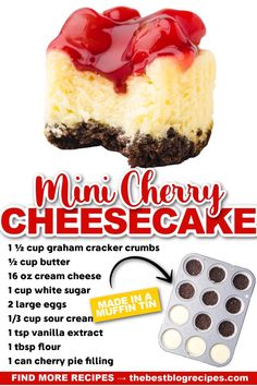 the recipe for mini cherry cheesecake is shown in red and white, with an image of