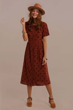 Red Short Sleeve Round Neck Tie Waist Dot Midi Dress With Button Warm Fall Dress, Dressy Casual Dresses, Autumn Dresses Casual, Red Fall Dress, Missionary Dresses, Engagement Clothes, Movie Core, Christian Modesty, Modest Dressing