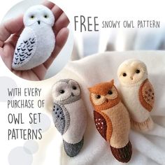 three little owls sitting on top of a white blanket next to a hand holding an owl