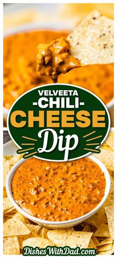 a bowl of chili cheese dip with tortilla chips on the side and a sign that says velveeta chili cheese dip