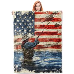 a woman holding an american flag and fishing