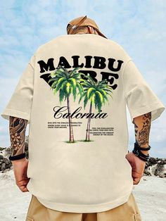 Apricot Casual Collar Short Sleeve Fabric Letter,Tropical,Slogan  Embellished Slight Stretch  Men Clothing Streetwear Tees, Beach Tshirt Designs, Tee Design Inspiration, Summer Tshirt Designs, Casual Relaxed Fit T-shirt With Palm Tree Print, Tropical Vacation T-shirt With Palm Tree Print, Cheap White T-shirt With Palm Tree Print, Text Tshirt, Casual Palm Tree Print Relaxed Fit T-shirt