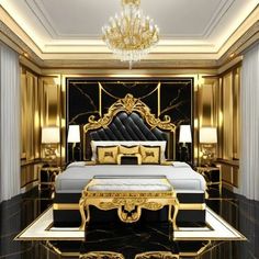 a luxurious bedroom with black and gold furniture, chandelier and marble flooring