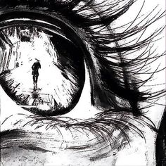 an eye with the reflection of a person standing in it's irise and looking into the distance