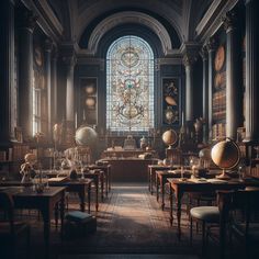 an old school room with desks, bookshelves and a stained glass window