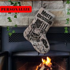 a christmas stocking hanging over a fire place