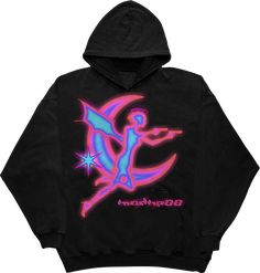 a black hoodie with pink and blue graphics on it