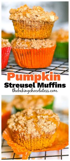 pumpkin streusel muffins cooling on a rack with the title above it