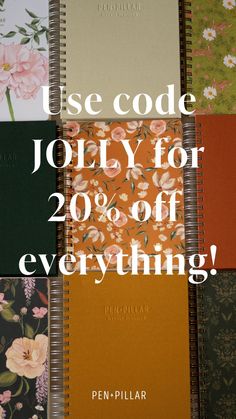 an assortment of notebooks with the text use code jolly for 20 % off everything