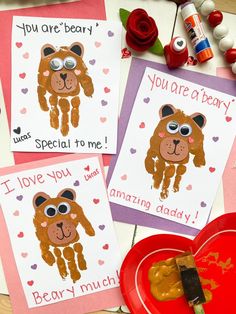 valentine's day cards with pictures of bears and hearts on them, along with candy