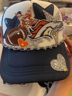 broncos trucker hat with hat chain Hat Chain, Happy Hat, Custom Trucker Hats, Side Kick, Team Mom, Oct 11, Vinyl Designs, Trucker Hats