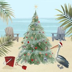 a painting of a christmas tree on the beach with an ostrich standing next to it