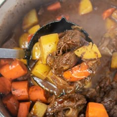 a ladle full of beef stew with carrots and potatoes is being held by a spoon