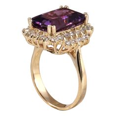 Stamped: 14K Yellow Gold Total Ring Weight: 6.1 Grams Ring Length: N/ARing Width: N/A Gemstone Weight: Total Natural Amethyst Weight is 6.53 Carat (Measures: 13.20x9.40 mm) Color: Purple Diamond Weight: Total Natural Diamond Weight is 1.00 Carat Quantity: 30 Color: F-G, Clarity: VS2-SI1 Face Measures: 18.30x17.60 mm Sku: [702495W] Formal Purple Sapphire Ring With Gemstone Accents, Fine Jewelry Yellow Gold Diamond Amethyst Ring, Yellow Gold Amethyst Diamond Ring, Fine Jewelry Yellow Gold Amethyst Diamond Ring, Purple Ring With Gemstone Accents For Formal Occasions, Formal 14k Gold Amethyst Ring, Formal Amethyst Birthstone Ring With Gemstone Accents, Gold Amethyst Ring With Halo Setting, Fine Jewelry, Elegant Yellow Gold Amethyst Ring With Halo Setting