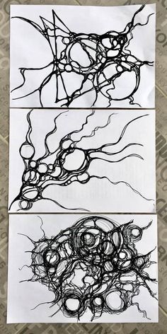 three drawings on paper with black and white lines in the middle, one is drawn