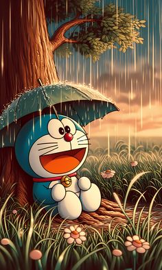 a cartoon character sitting under an umbrella in the rain with grass and flowers around him