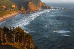 an ocean view from the top of a hill with waves crashing on it and trees in the foreground