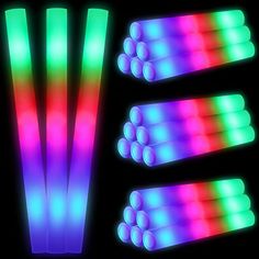 glow stickers with different colors and shapes in the dark, set against a black background