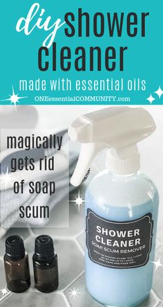 a bottle of soap and two bottles of soap on a tiled floor with the words, diy shower cleaner made with essential oils