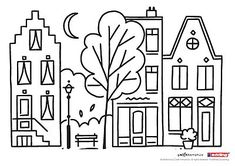 a line drawing of houses with trees and bushes in the foreground, on a white background