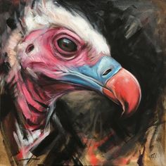 a painting of a large bird with red, white and blue feathers on it's head