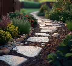 a stone path in the middle of a garden