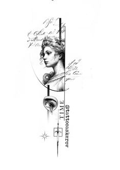 a black and white drawing of a woman's face on a pole with writing