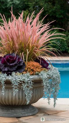 a large potted planter filled with flowers next to a swimming pool