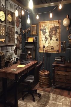 a room filled with lots of different types of clocks and lights hanging from the ceiling