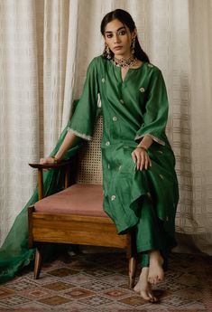 Editor's Note Long, Flared Green Chanderi Kurta With Zardozi Handwork On The Sleeves & All Over Bootis. It Includes A Green, Chanderi Palazzo And Organza Dupatta Fabric: Chanderi Color: Green Care: Dry Clean Only About the Designer The label was born with the endeavour to design, fabricate and make wardrobe essentials for the modern women, that led to the birth of House of Pink. What unleashed 11 years ago has now blossomed into a much adorned and respected fashion brand today. We ensure that th Dupatta Style, Chanderi Kurta, Long Kurta, Kurta Style, Silk Kurta, Embroidered Pants, Kurti Designs Party Wear, Green Suit