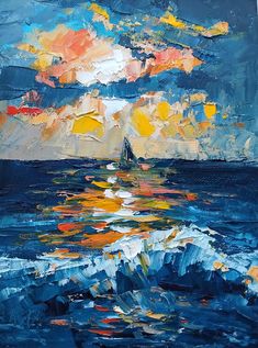 an oil painting of a sailboat in the ocean under a colorful sky and clouds