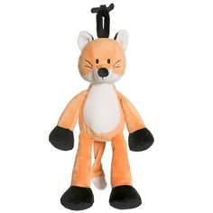 an orange stuffed animal with black feet