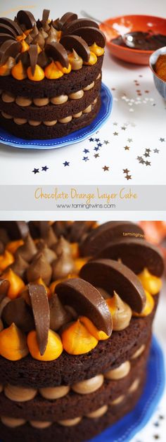 chocolate orange layer cake on a blue plate