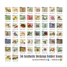 the 50 aesthetic desktop folder icons are all in different colors and sizes, with flowers on them