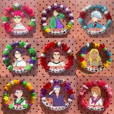 the seven anime bracelets have been made from plastic beads and are decorated with different characters