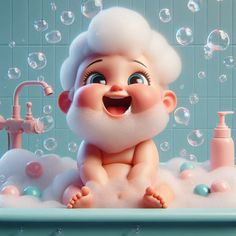 a cartoon character sitting in a bubble filled bathtub